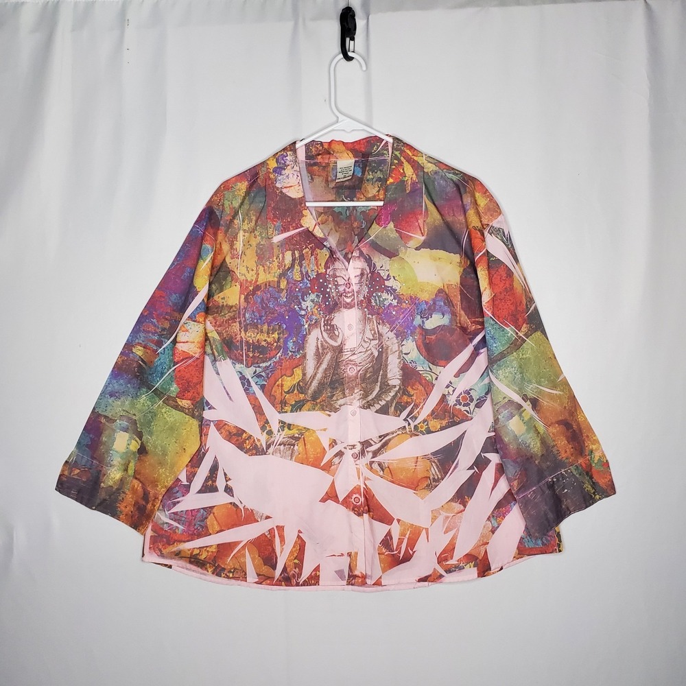Vtg Buddah Sublimation Button Top Women 1X Multicolor Relaxed Boho Fairy Hindu